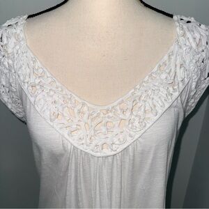 Tribal White Crochet V Neck Cap Sleeve Boho Coastal Grandma Blouse size large